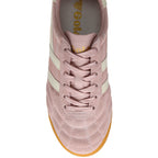 Pink trainer with white stripes on a white background