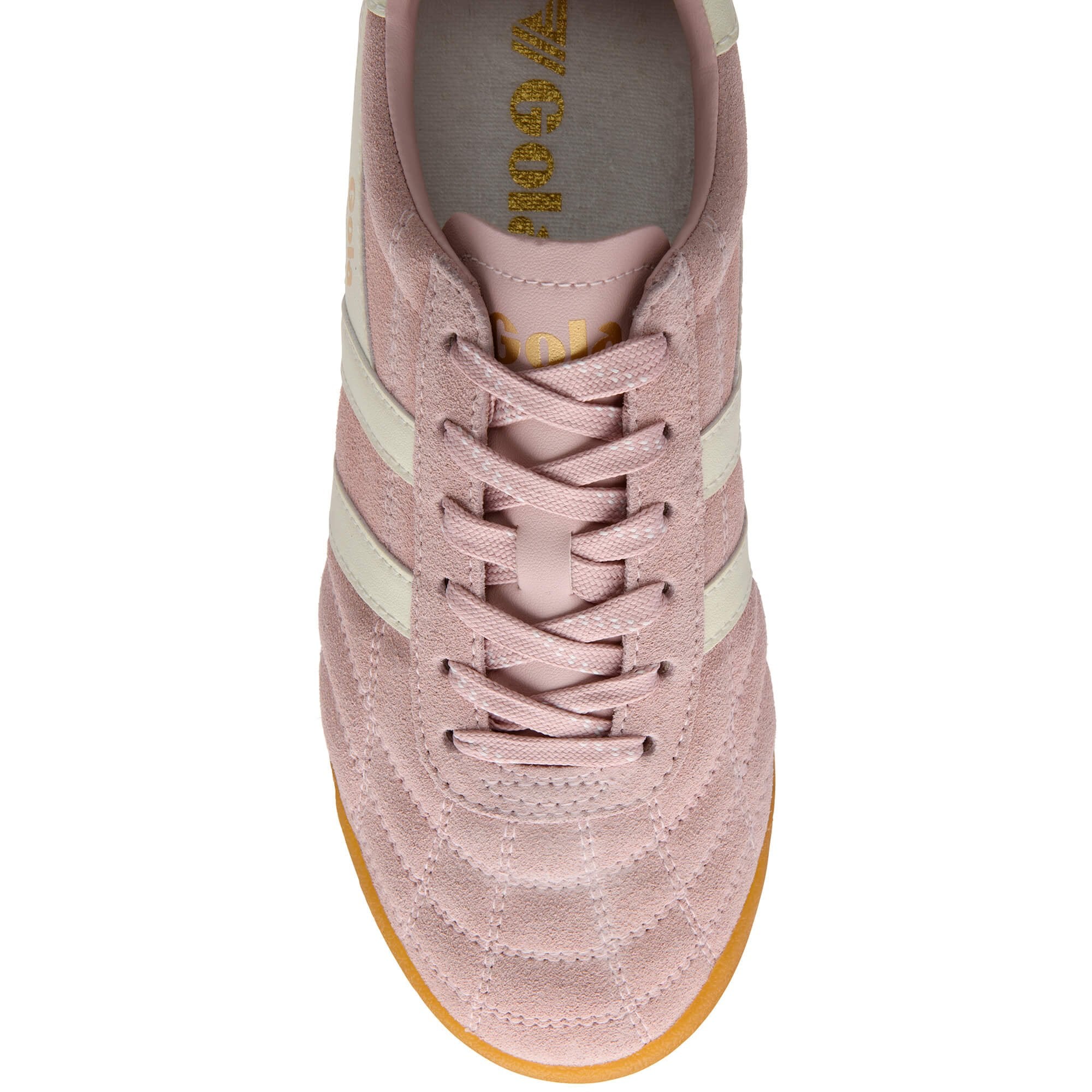 Pink trainer with white stripes on a white background