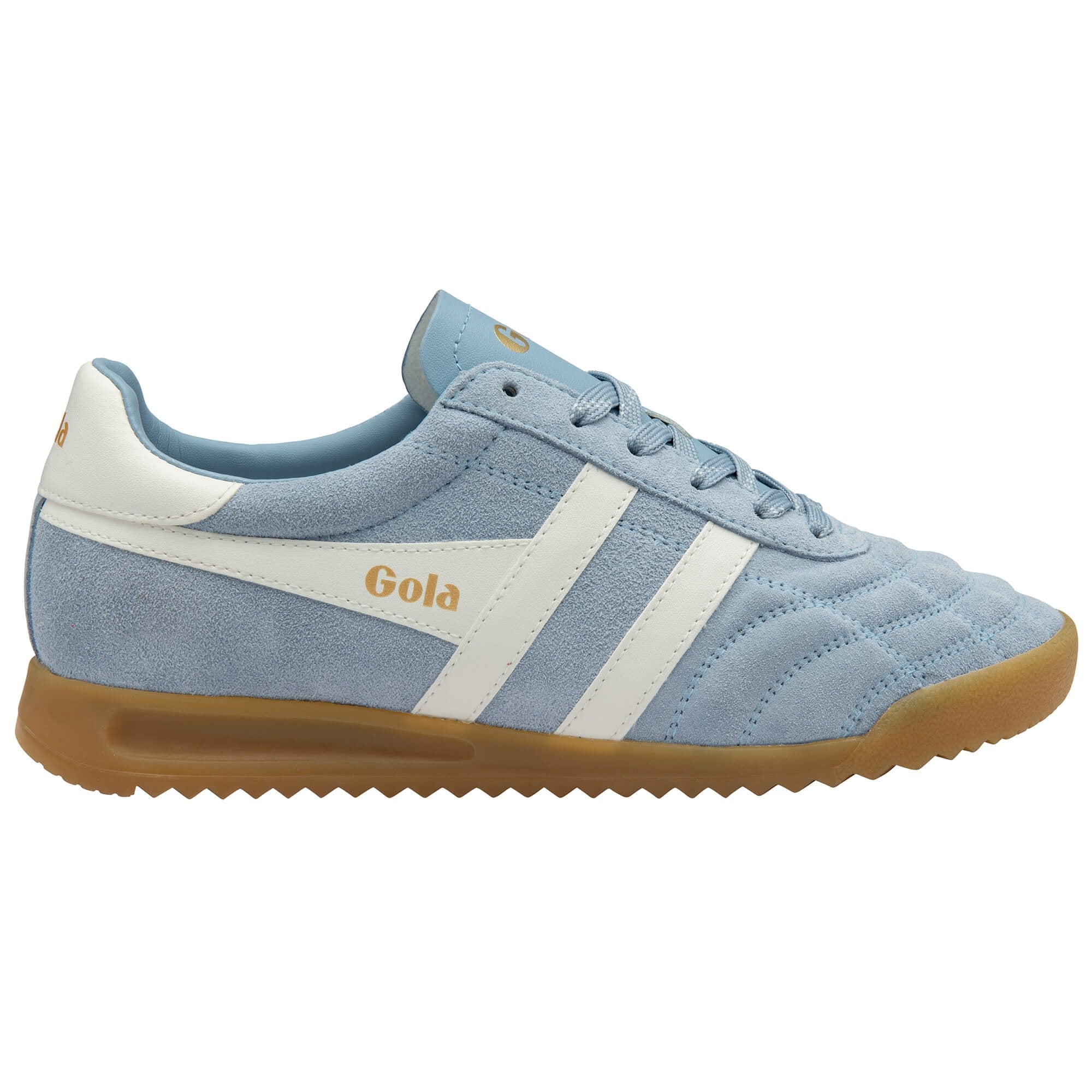 Blue trainer with white accents and brown sole on a white background