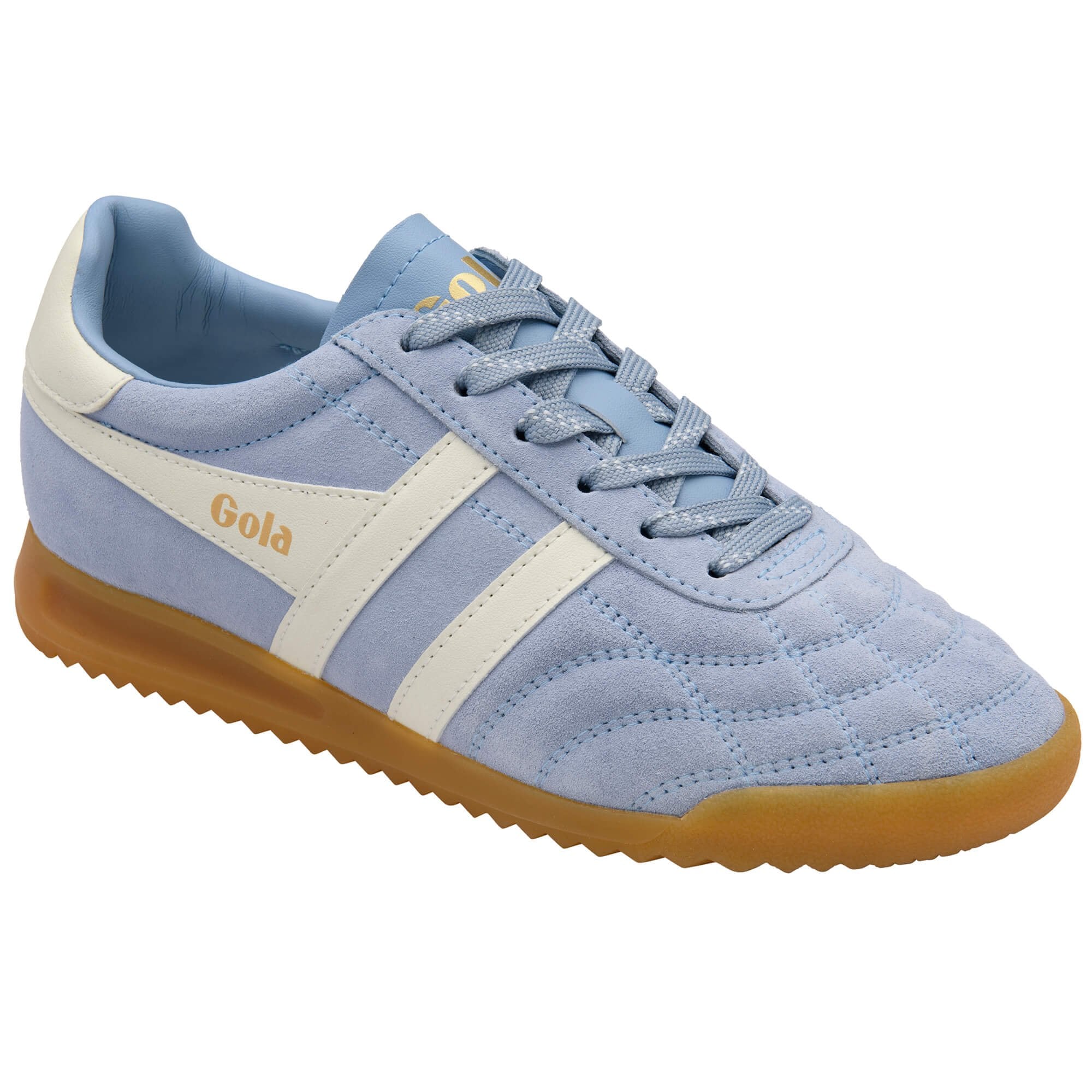 Light blue trainer with white accents and brown sole on a white background