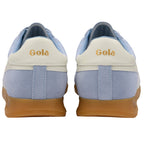 Pair of light blue suede Gola trainers with white heel tabs and gum soles, rear view