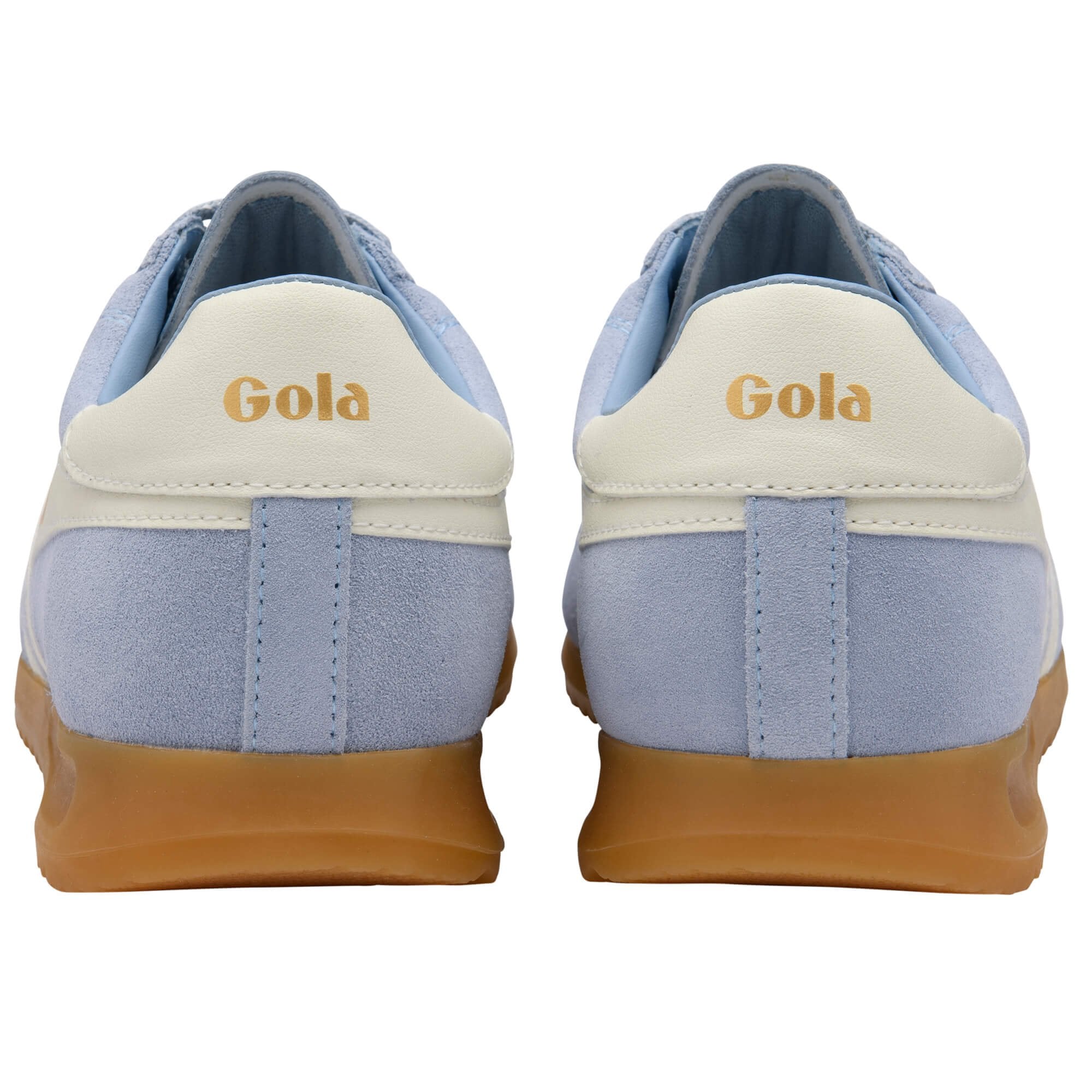 Pair of light blue suede Gola trainers with white heel tabs and gum soles, rear view