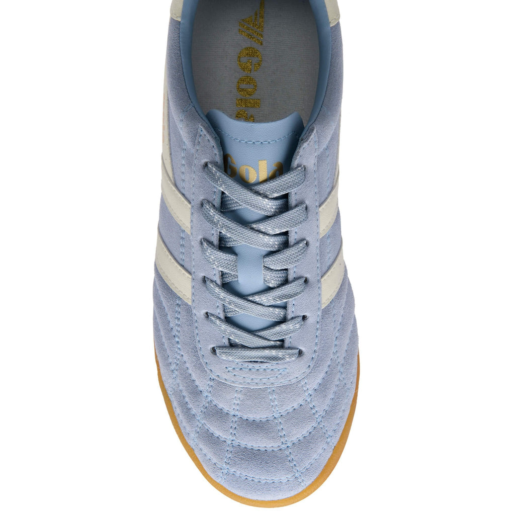 Light blue suede trainer with white stripes and laces, top-down view