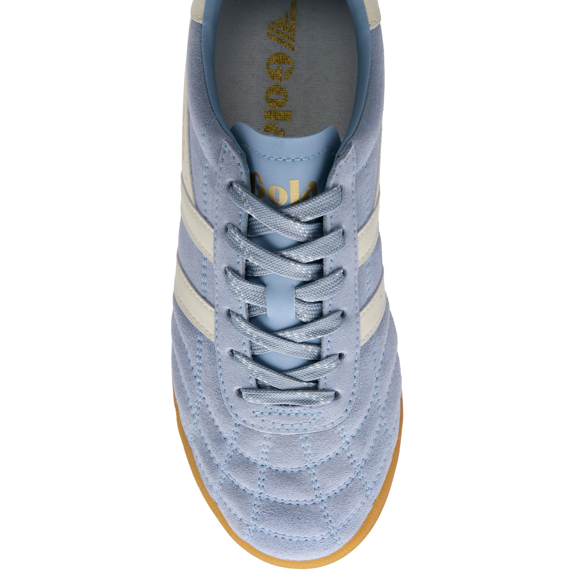 Light blue suede trainer with white stripes and laces, top-down view