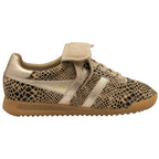 Gola women's trainer in a beige and black snakeskin pattern with gold accents