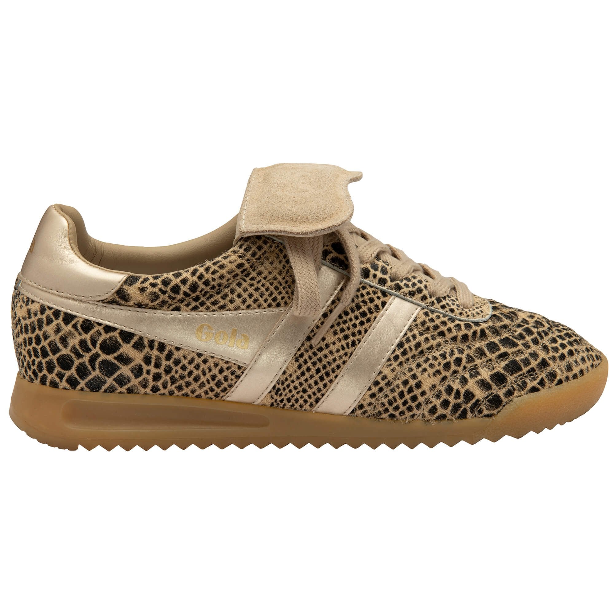 Gola women's trainer in a beige and black snakeskin pattern with gold accents