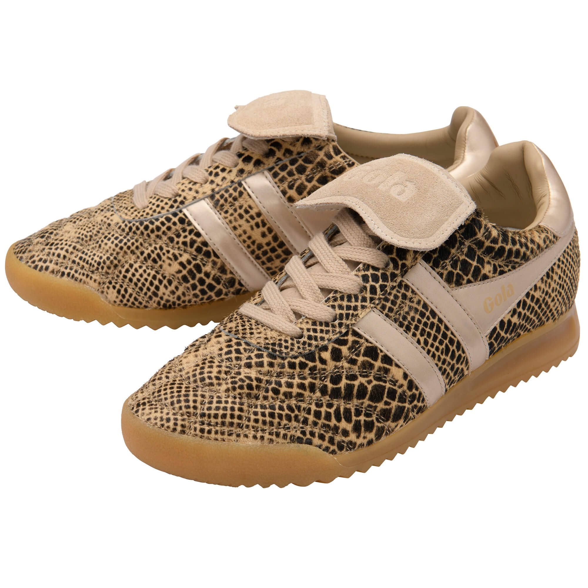 Pair of Gola trainers with a snakeskin pattern, beige laces, and beige stripes on the side