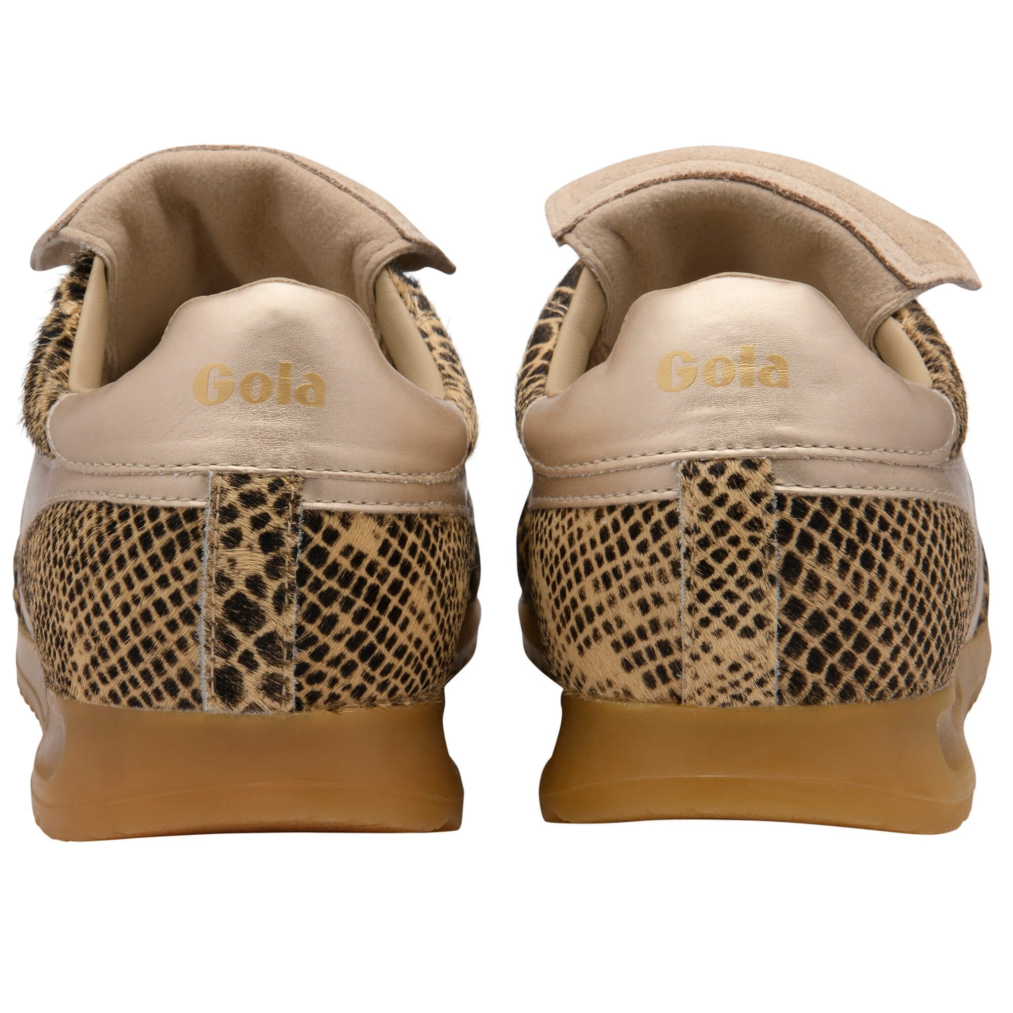 Pair of Gola trainers with snake print pattern and gum soles on a white background