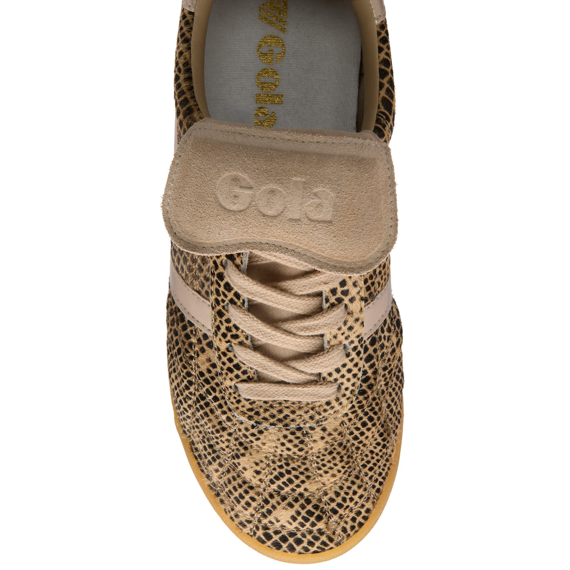 Gola trainer with a snakeskin pattern, light brown laces, and a Gola logo on the tongue