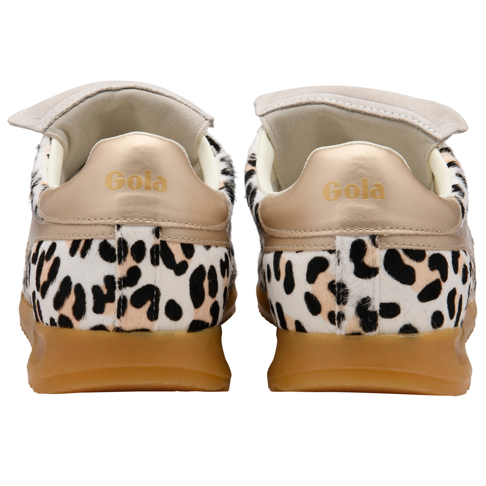 Rear view of two Gola trainers with a leopard print design and gold heel tabs