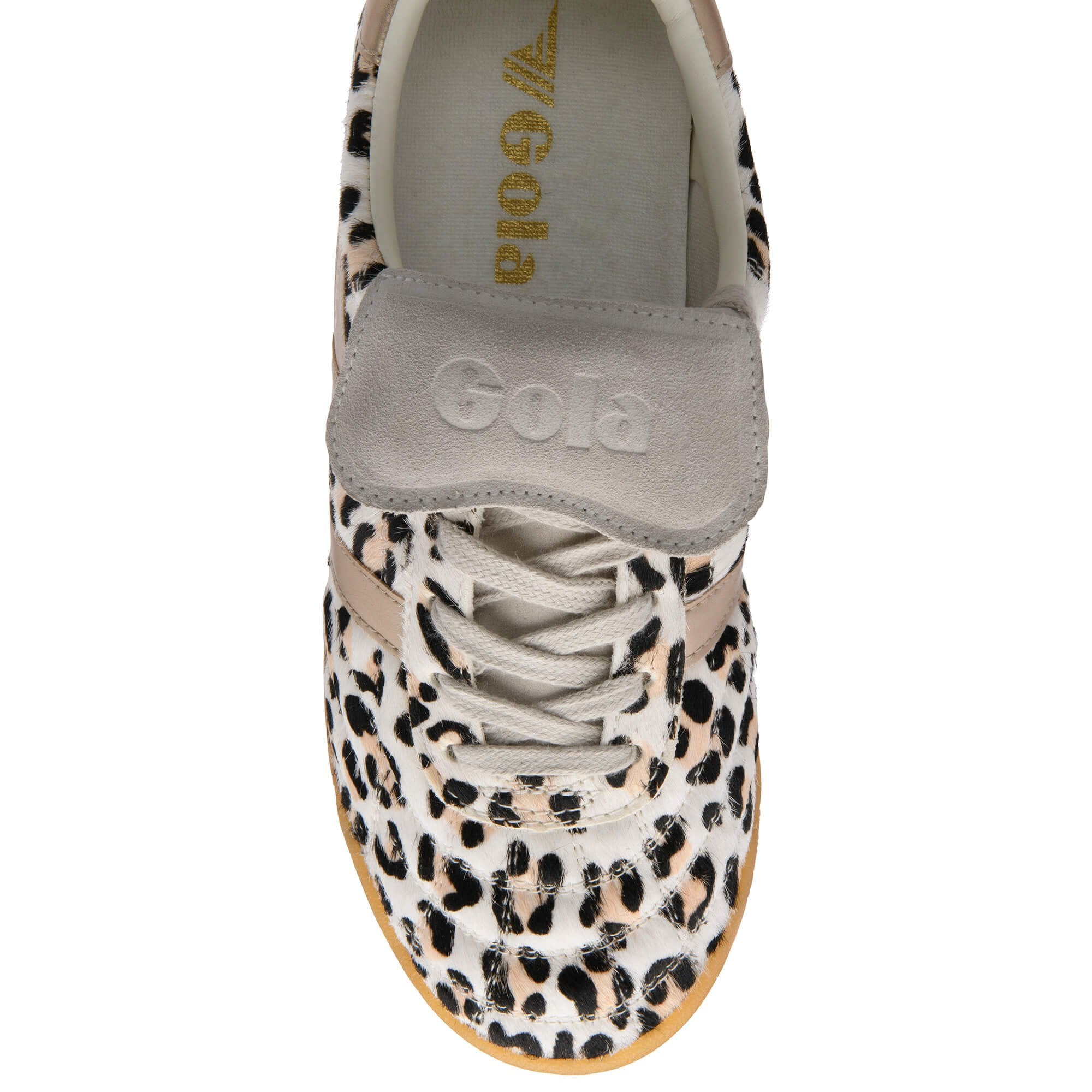 Animal print trainer with 'Gola' branding on a white background