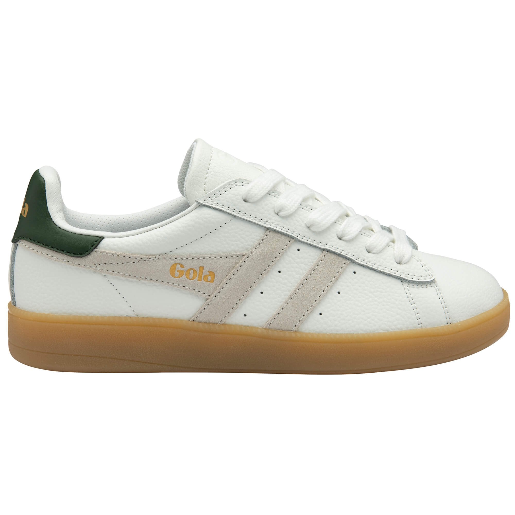 White trainer with green accents and 'Gola' branding on a white background