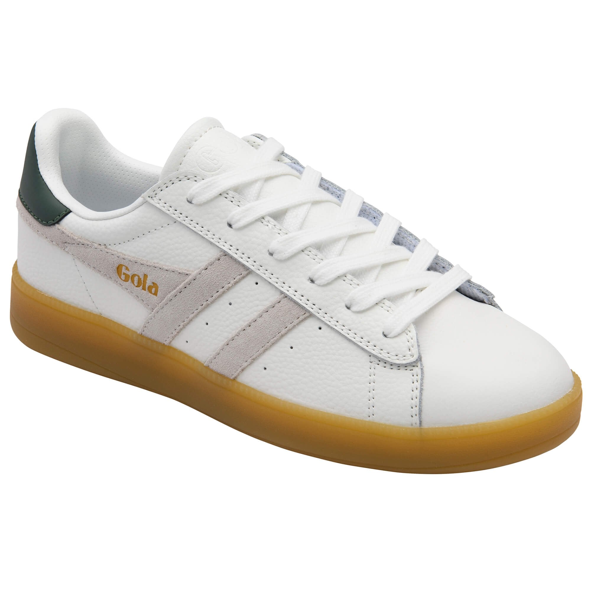 White trainer with brown sole on a white background