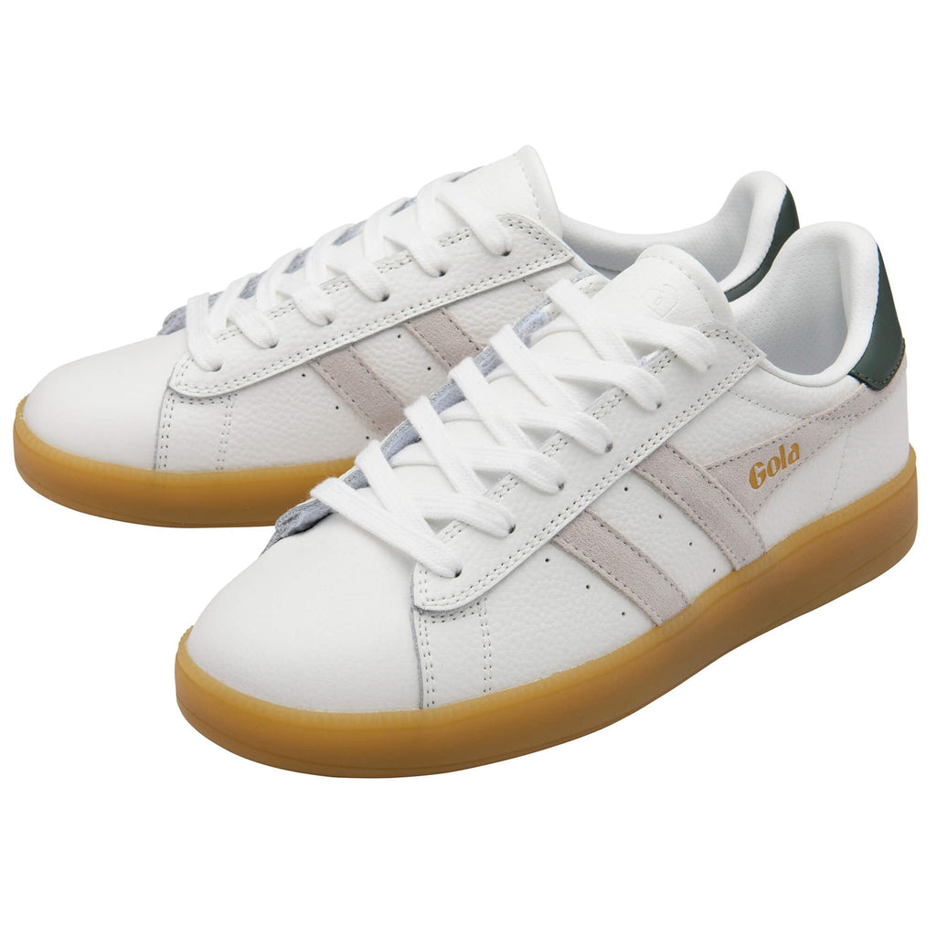 White trainers with brown soles on a white background
