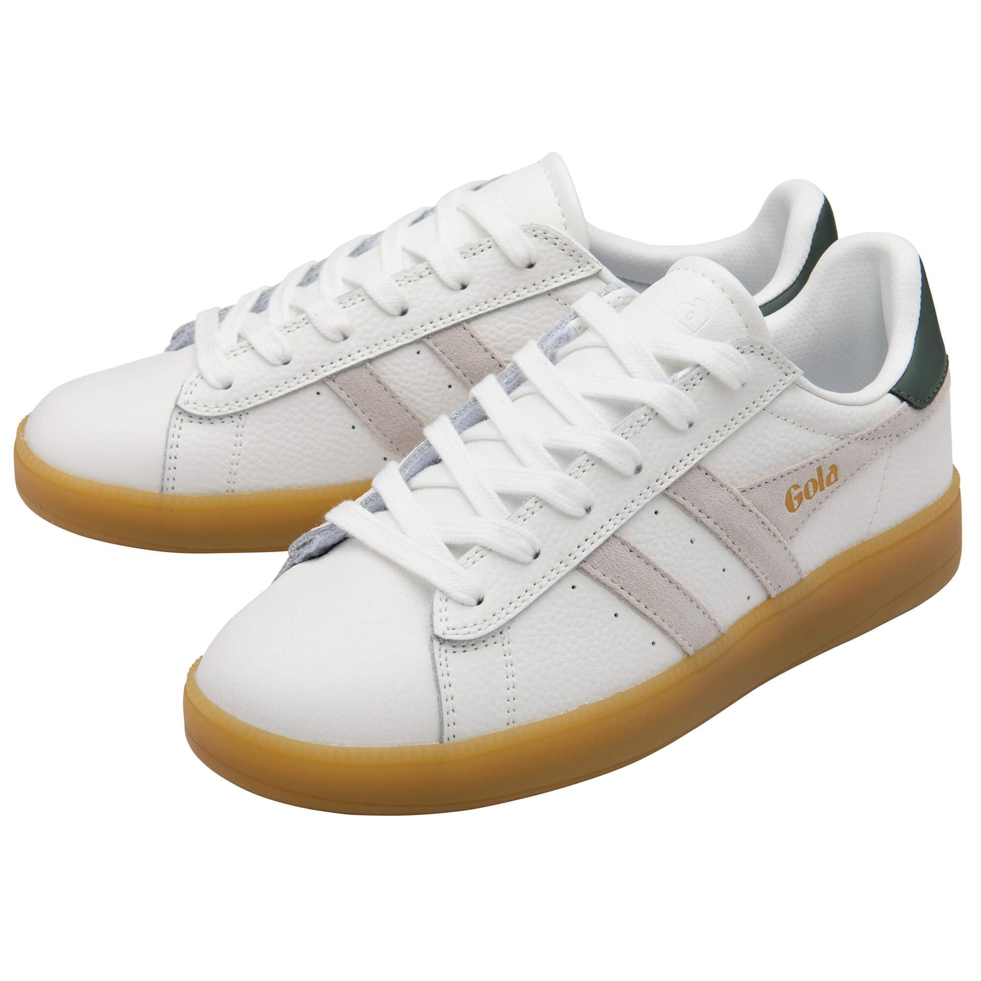 White trainers with brown soles on a white background