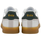 White trainers with green and gold accents on a white background