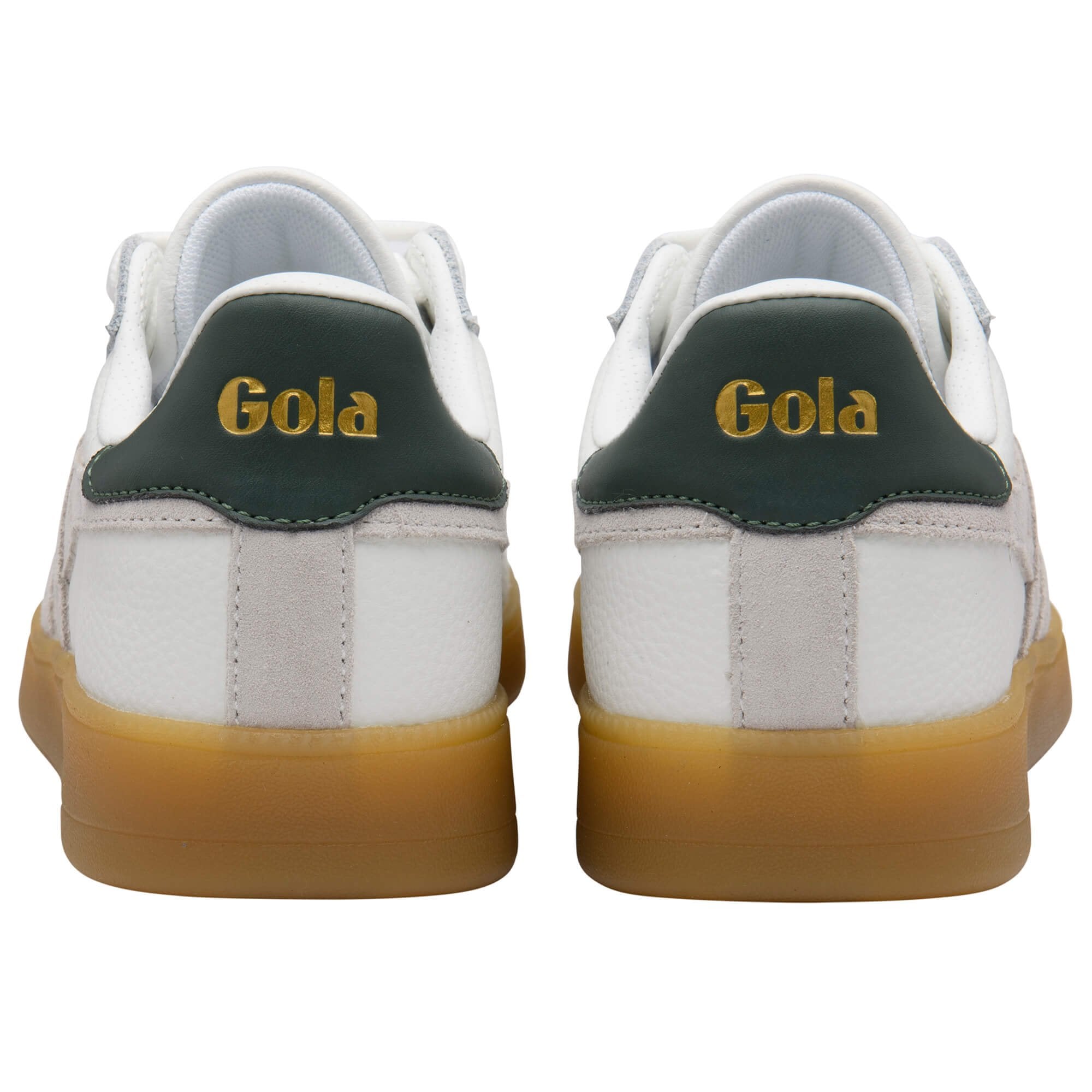 White trainers with green and gold accents on a white background