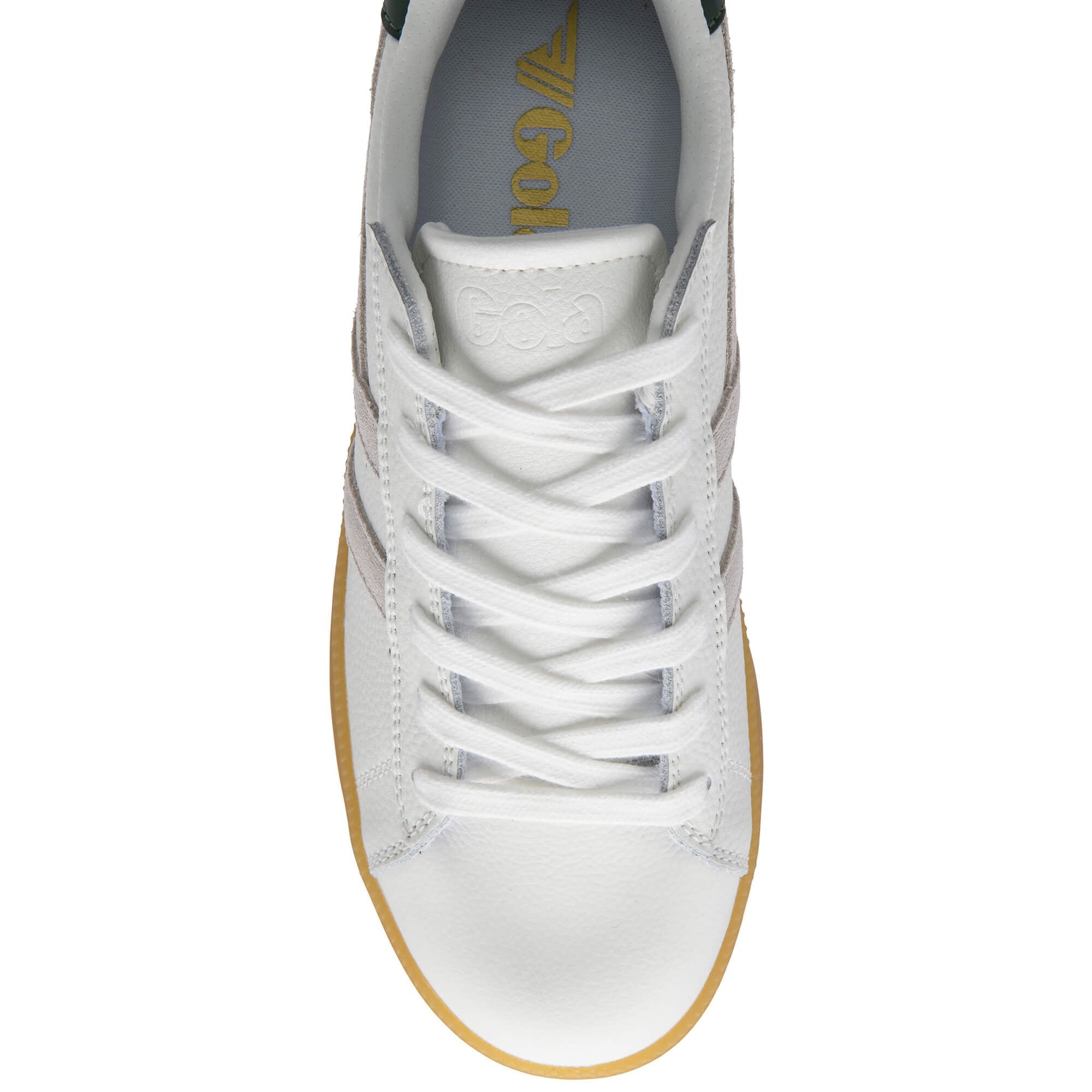 White trainer with gold sole on a white background