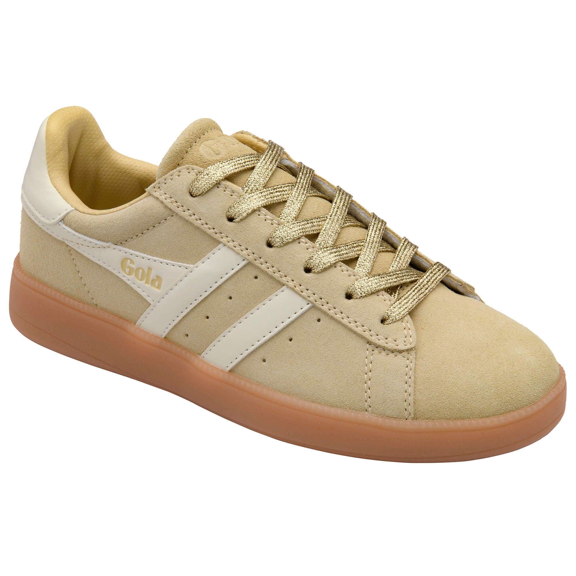 Beige trainer with gold laces on a white background