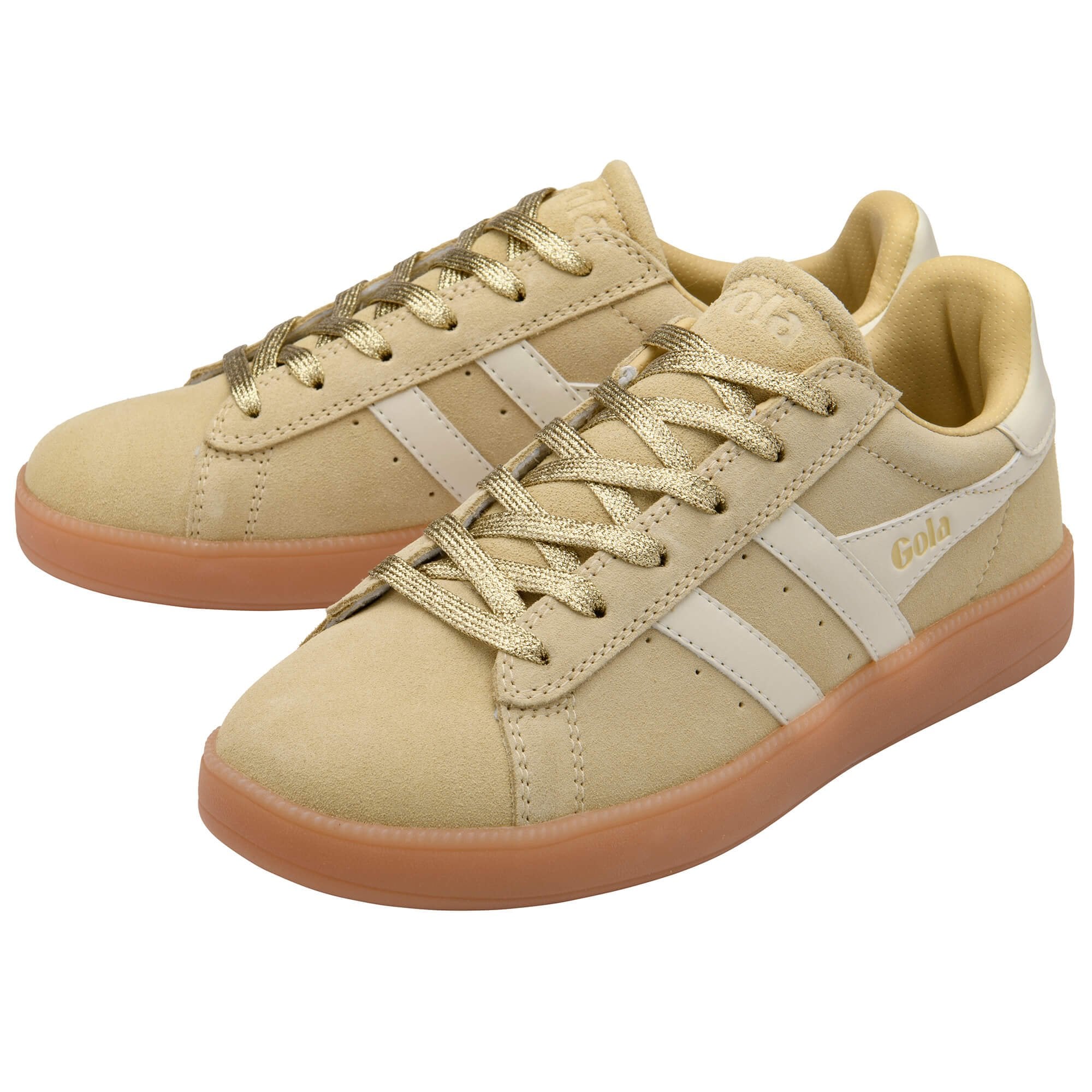 Beige trainers with white accents on a white background