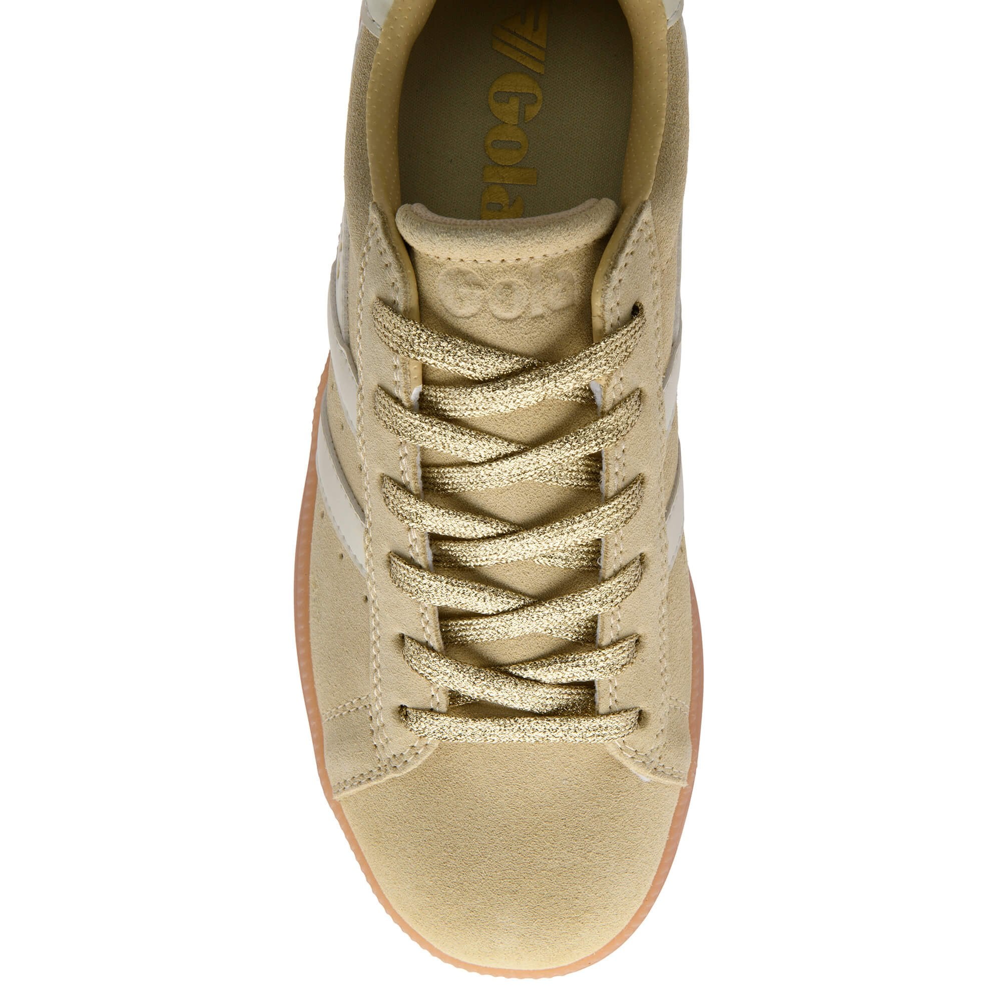 Gold trainer with white laces on a white background