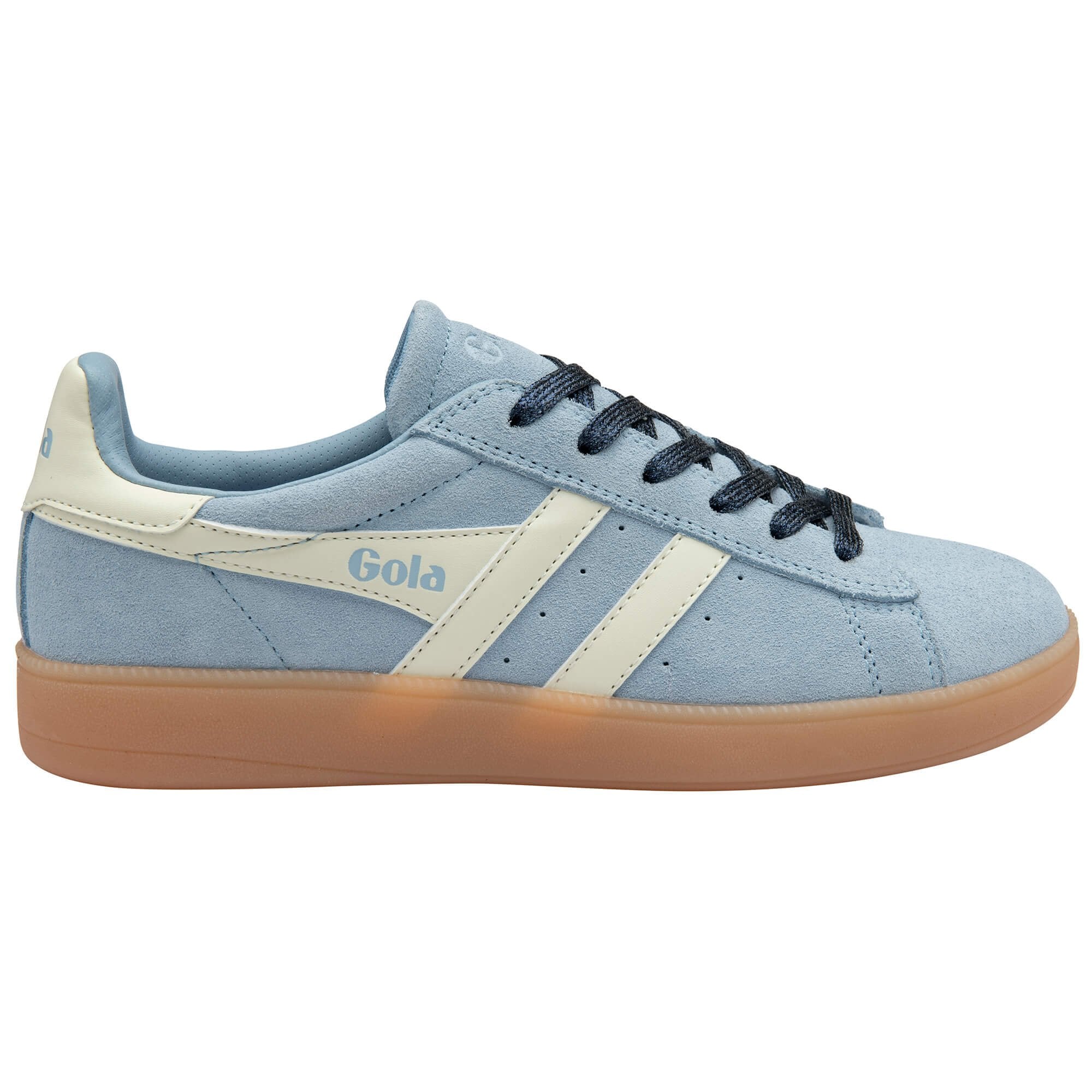 Blue trainer with white accents on a white background