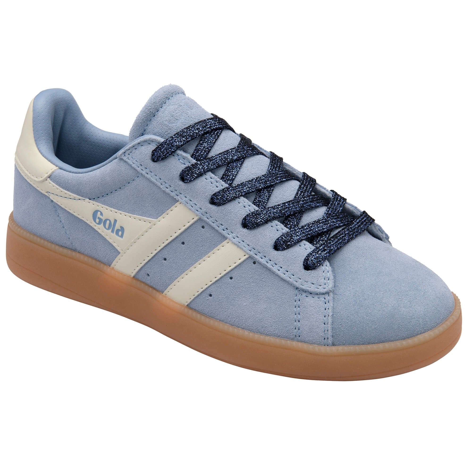Blue trainer with brown sole on a white background