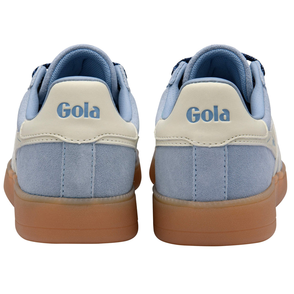 Pair of Gola trainers with blue and white design on a white background