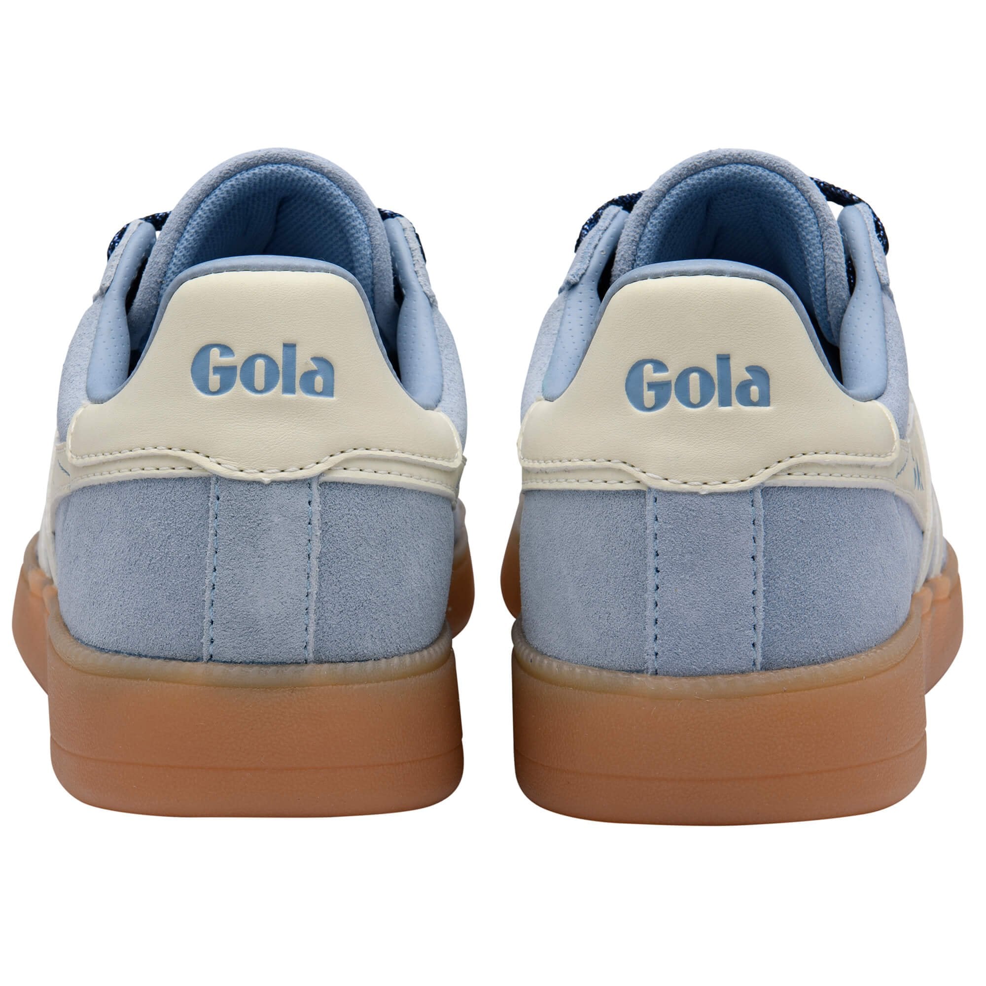 Pair of Gola trainers with blue and white design on a white background
