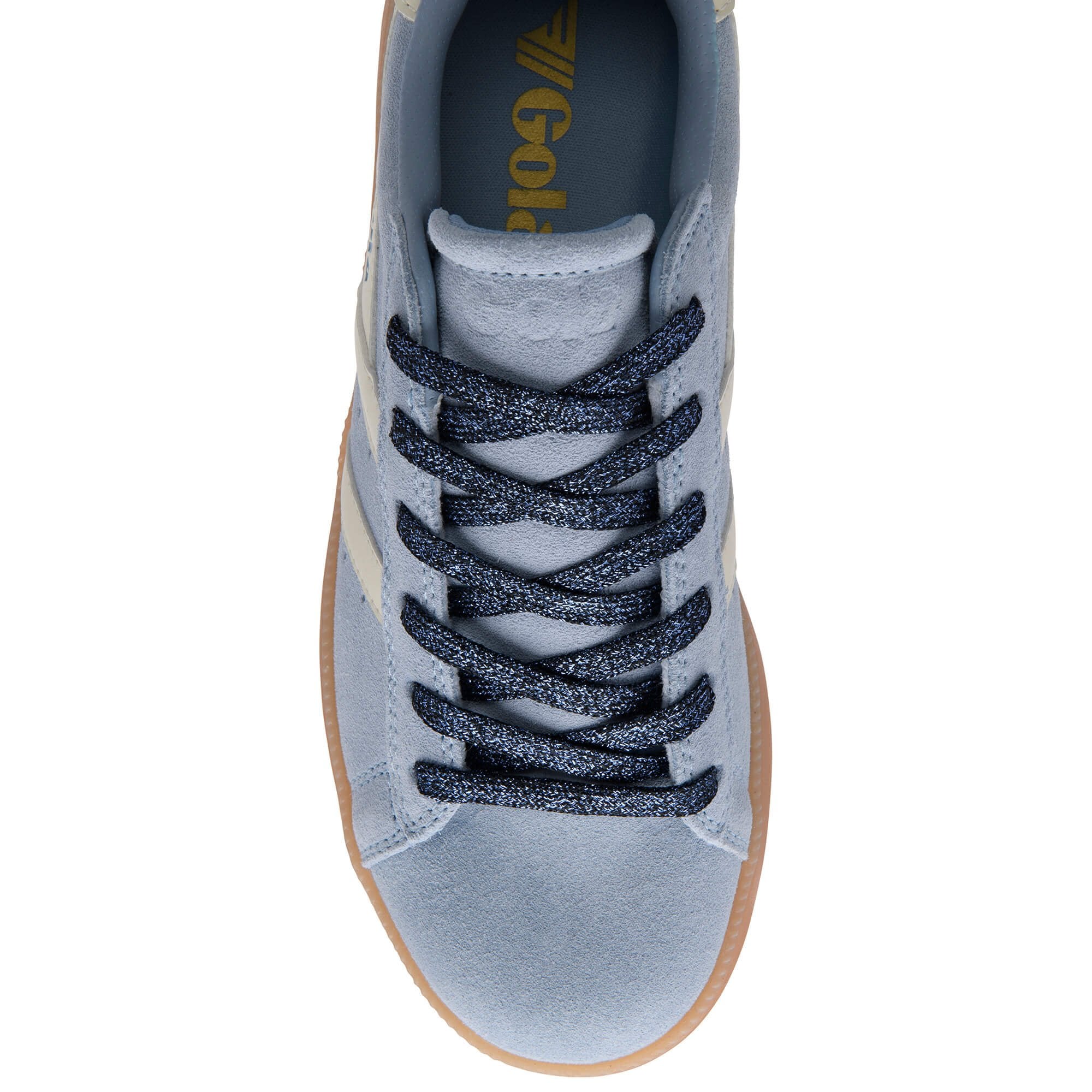 Light blue trainer with dark laces on a white background