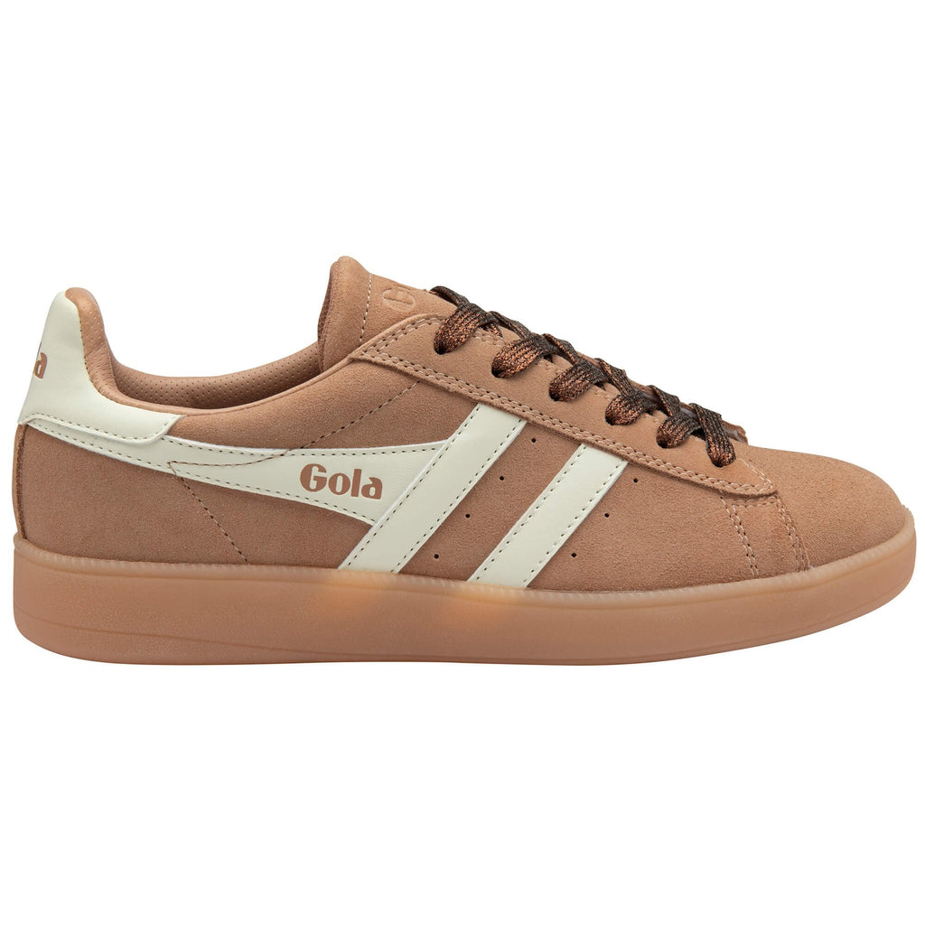 Gola trainer in tan with white stripes and brown laces