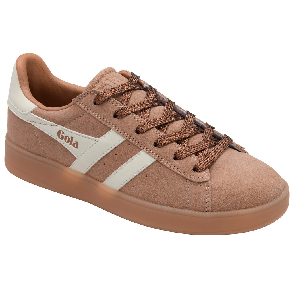 Brown trainer with white stripe and 'Gola' branding on a white background