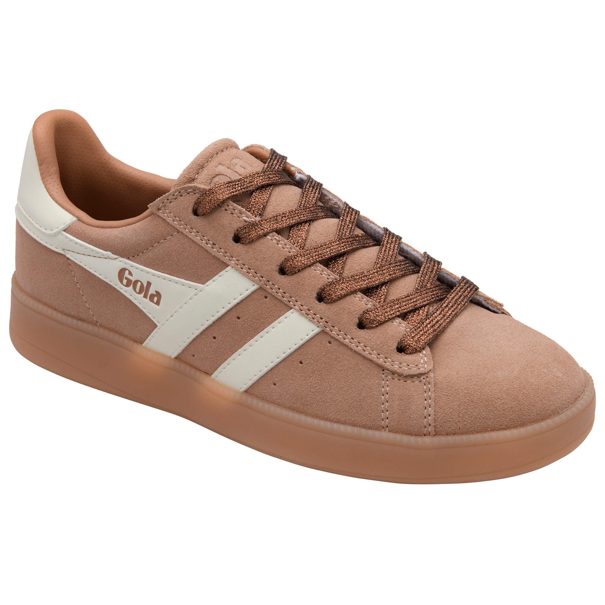 Brown trainer with white stripe and 'Gola' branding on a white background