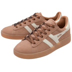 Pair of brown trainers with white stripes on a white background