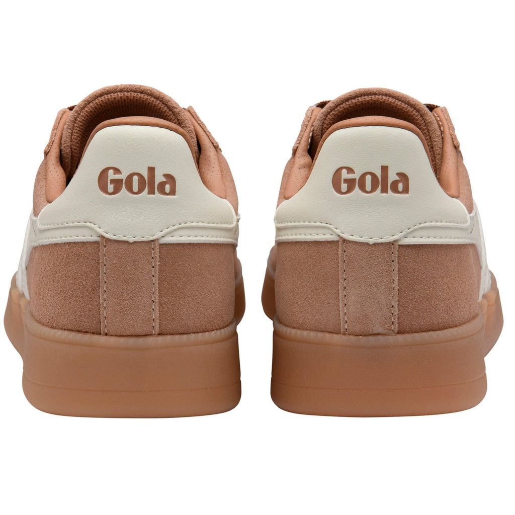 Pair of Gola trainers, back view, with tan suede and white leather accents, and gum soles