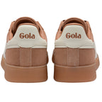 Pair of Gola trainers, back view, with tan suede and white leather accents, and gum soles