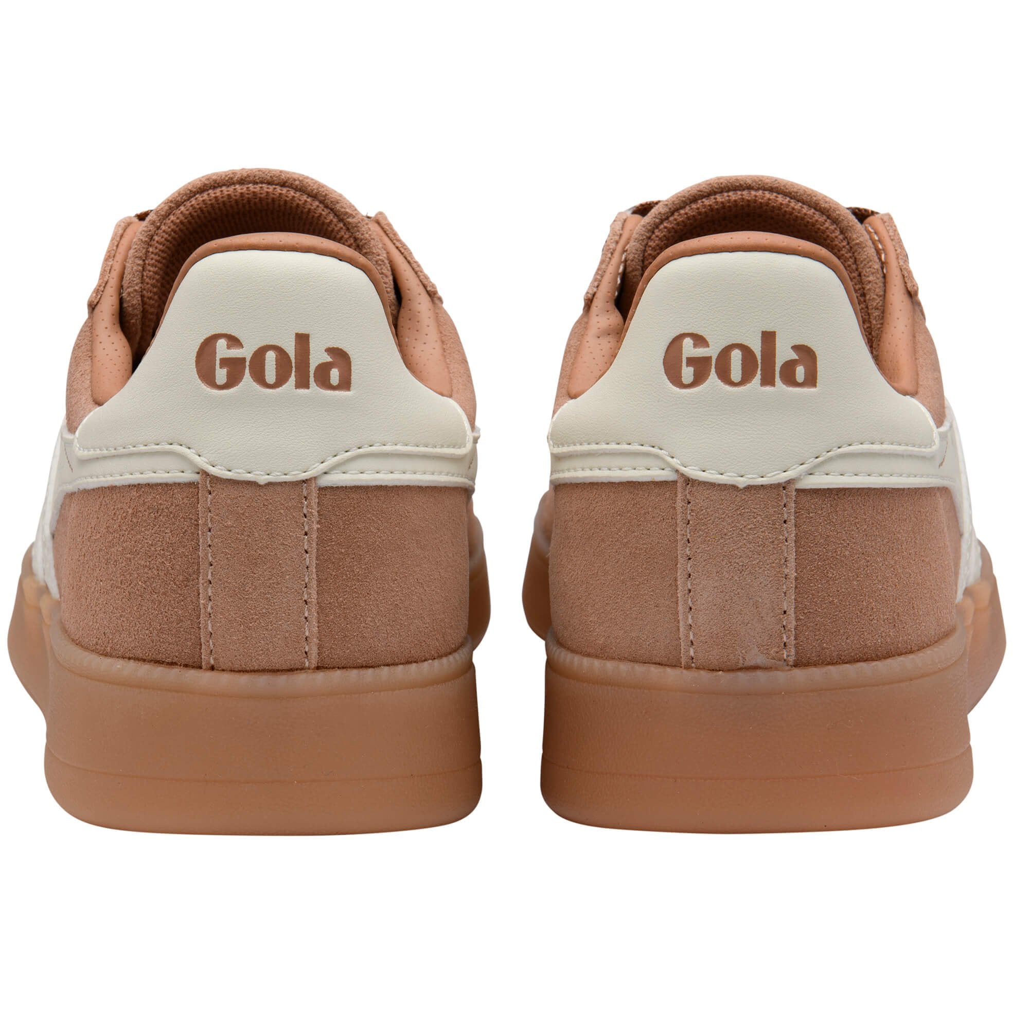 Pair of Gola trainers, back view, with tan suede and white leather accents, and gum soles