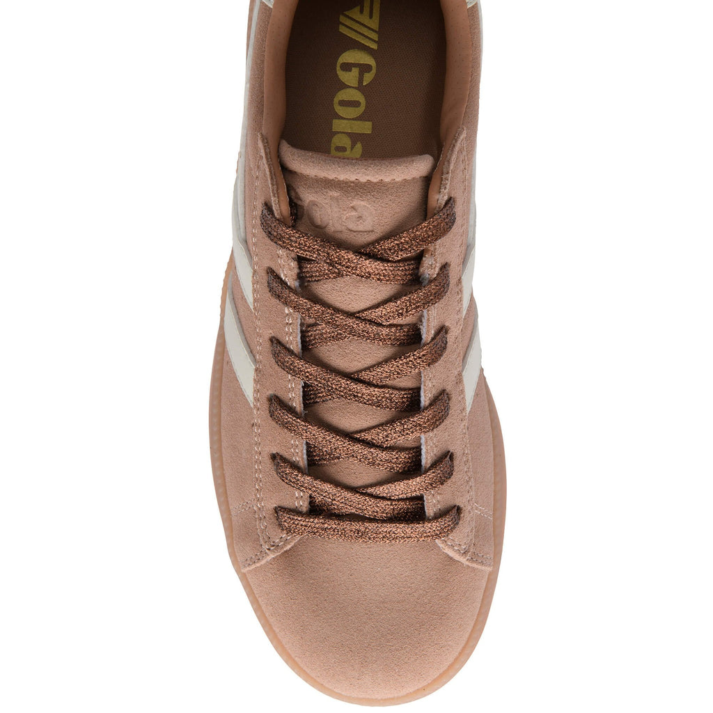 Top down view of a Gola trainer in tan suede with brown laces and white stripes