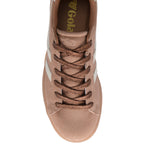 Top down view of a Gola trainer in tan suede with brown laces and white stripes