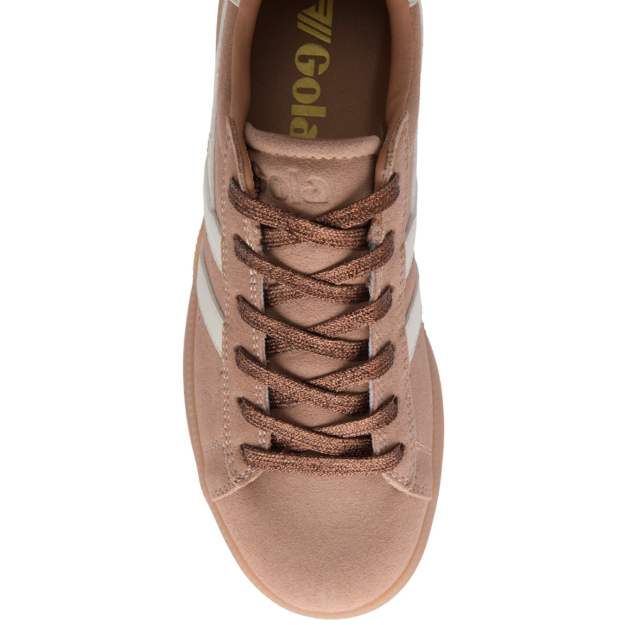 Top down view of a Gola trainer in tan suede with brown laces and white stripes