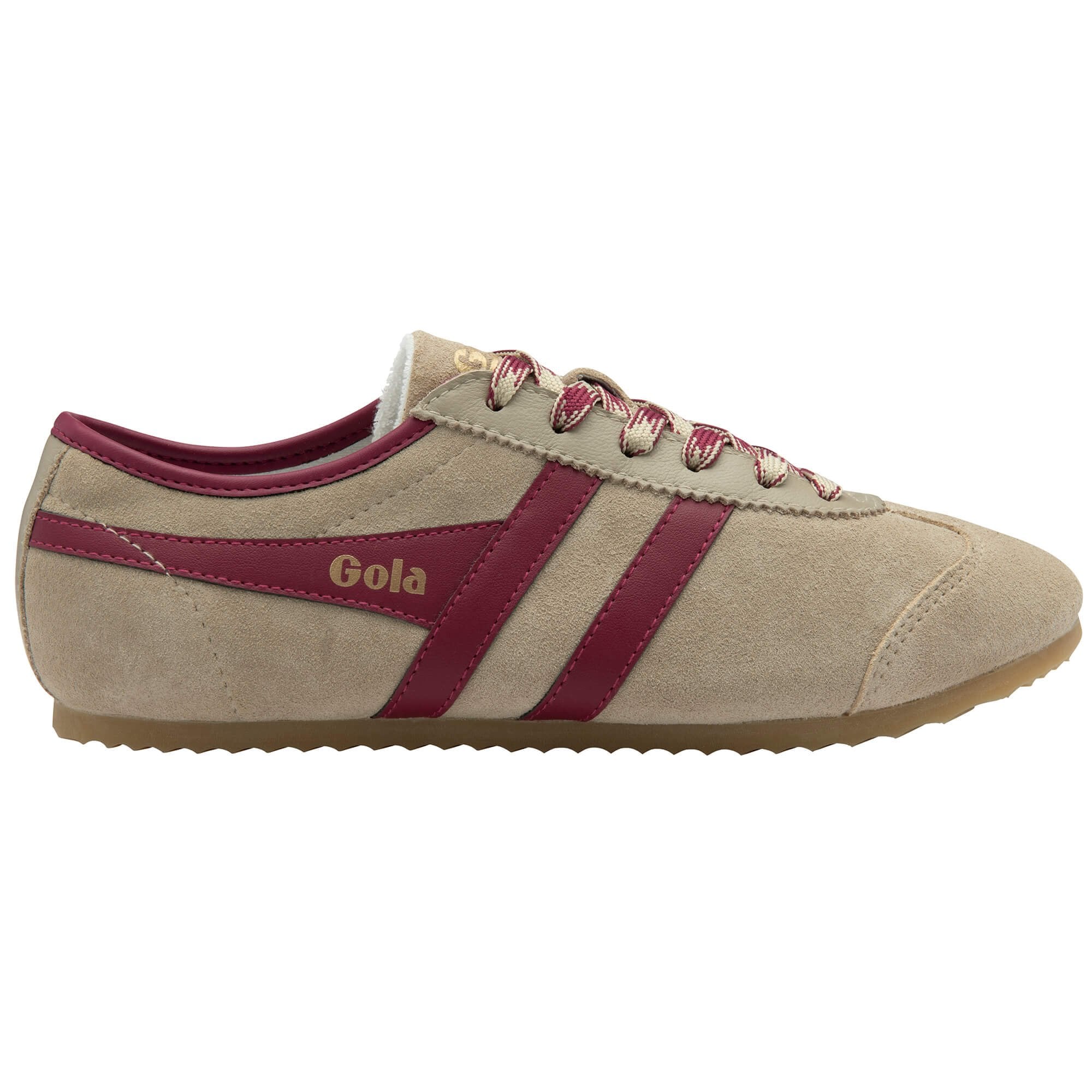 Gola trainer in beige with burgundy stripes and laces on a white background