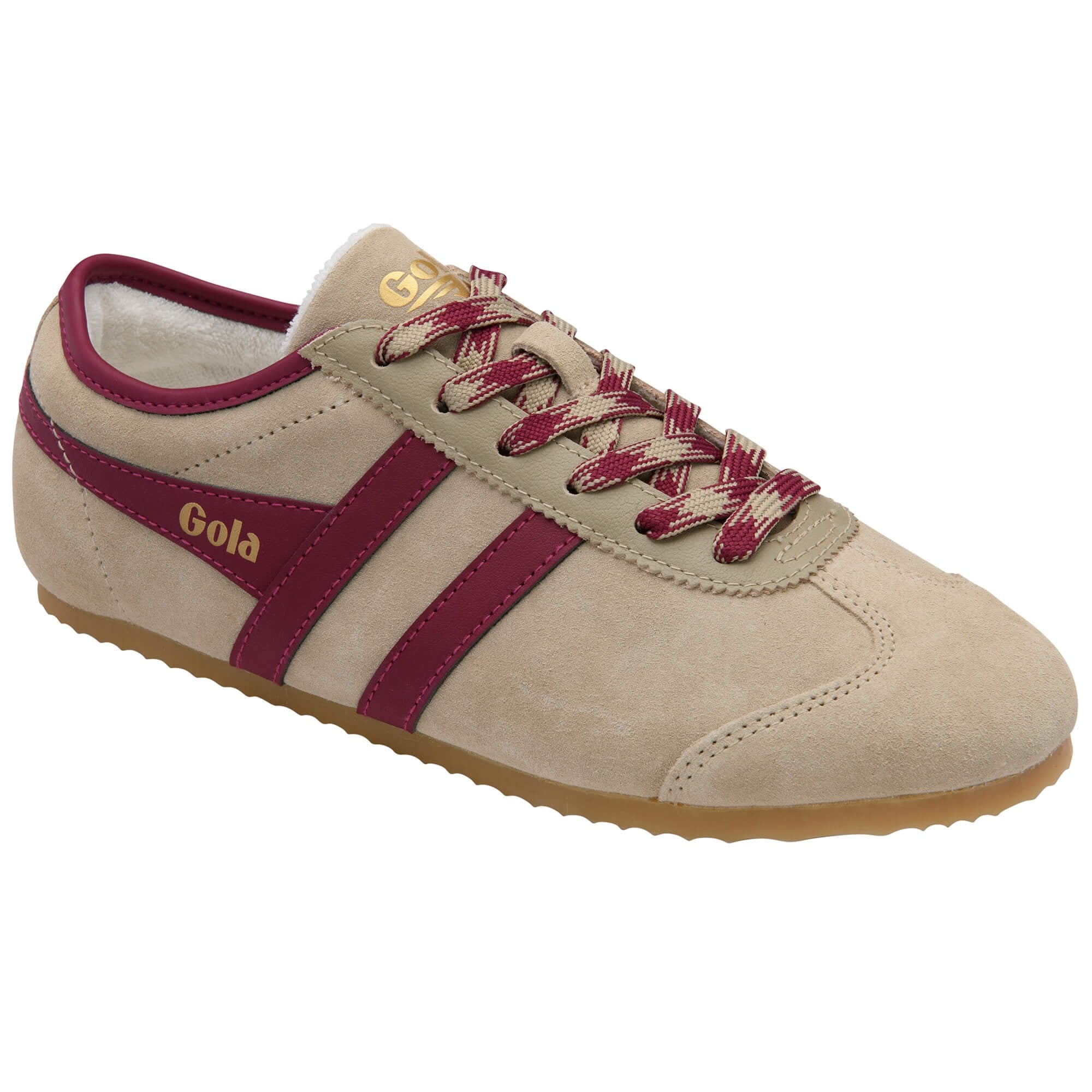 Beige trainer with maroon stripes and 'Gola' branding on a white background