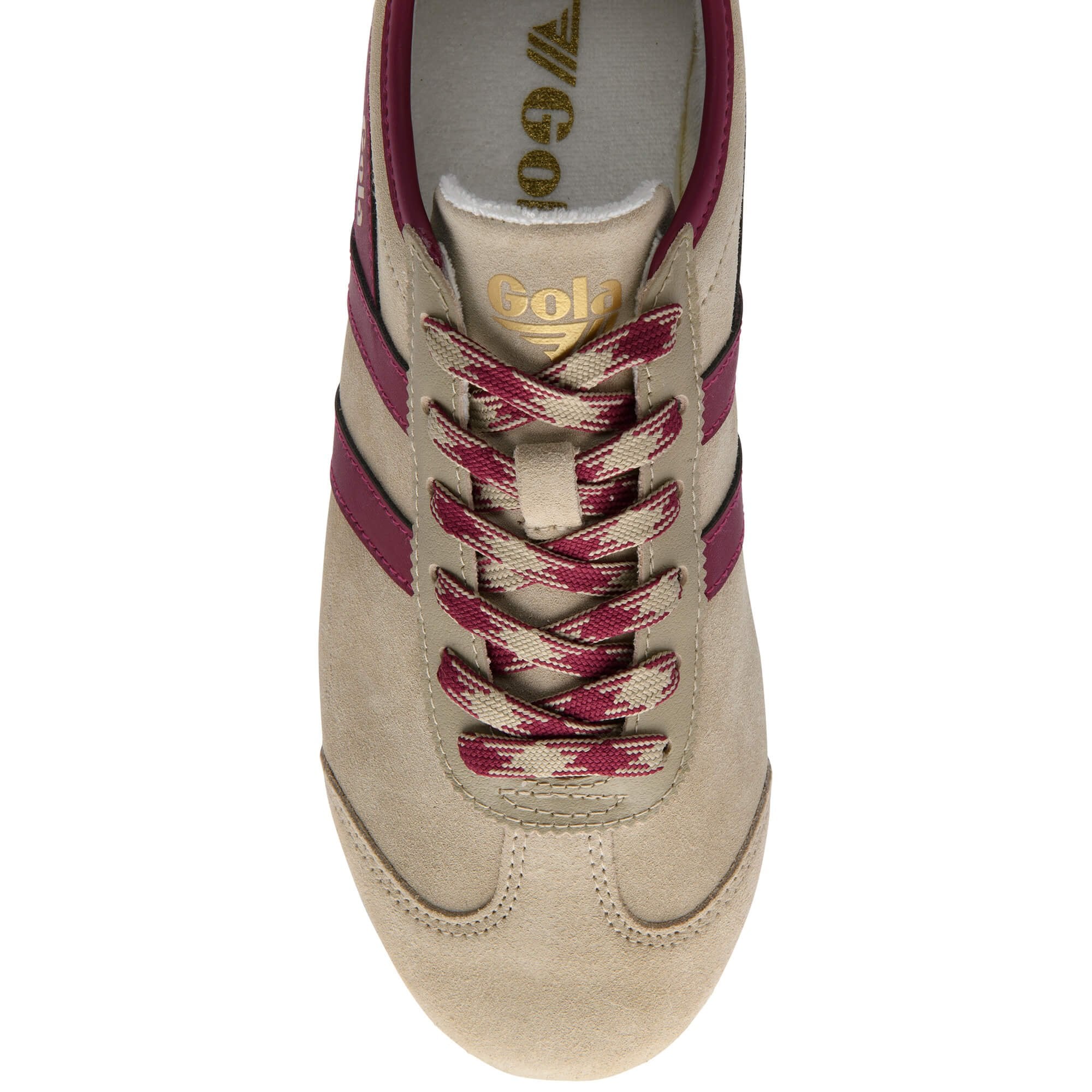 Beige trainer with maroon stripes on a white background