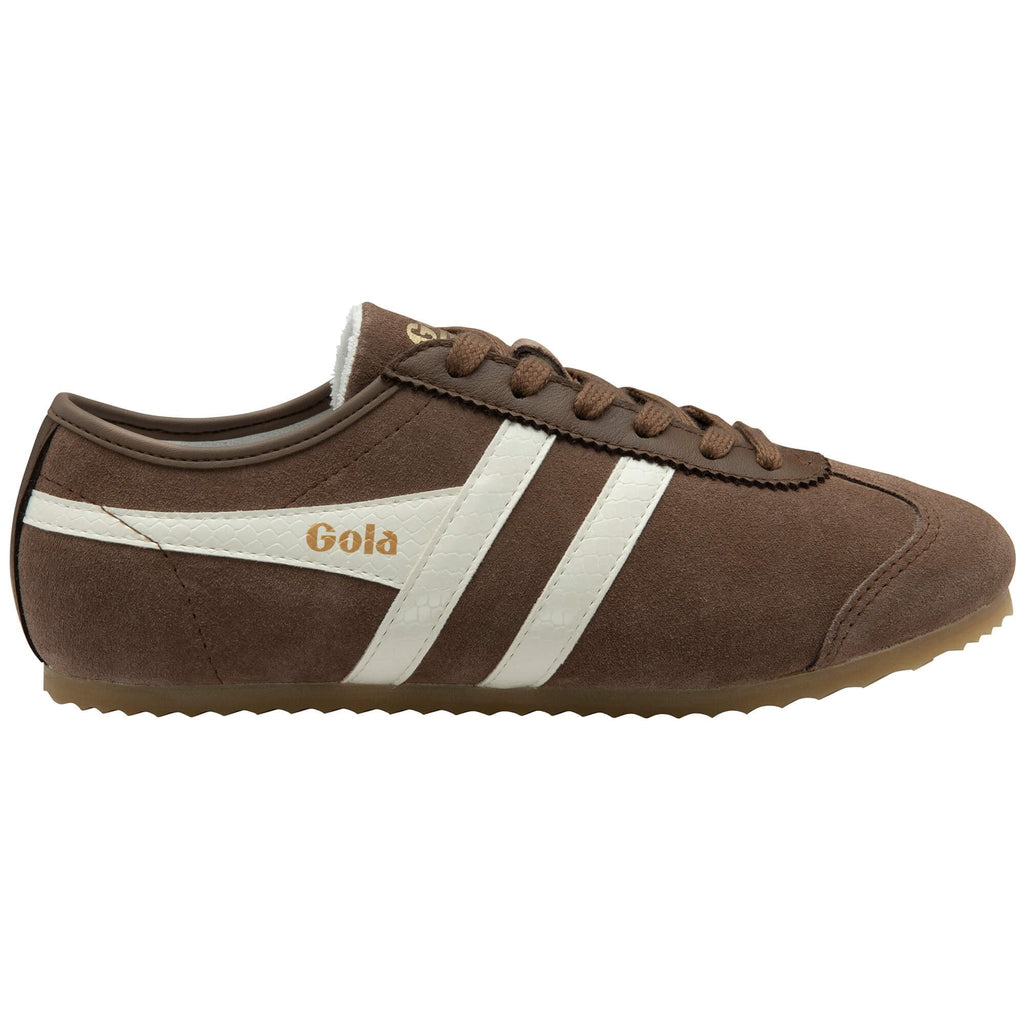 Brown trainer with white stripes and 'Gola' branding on a white background