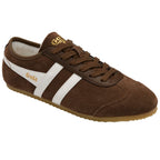 Brown suede Gola trainer with white stripes and brown laces