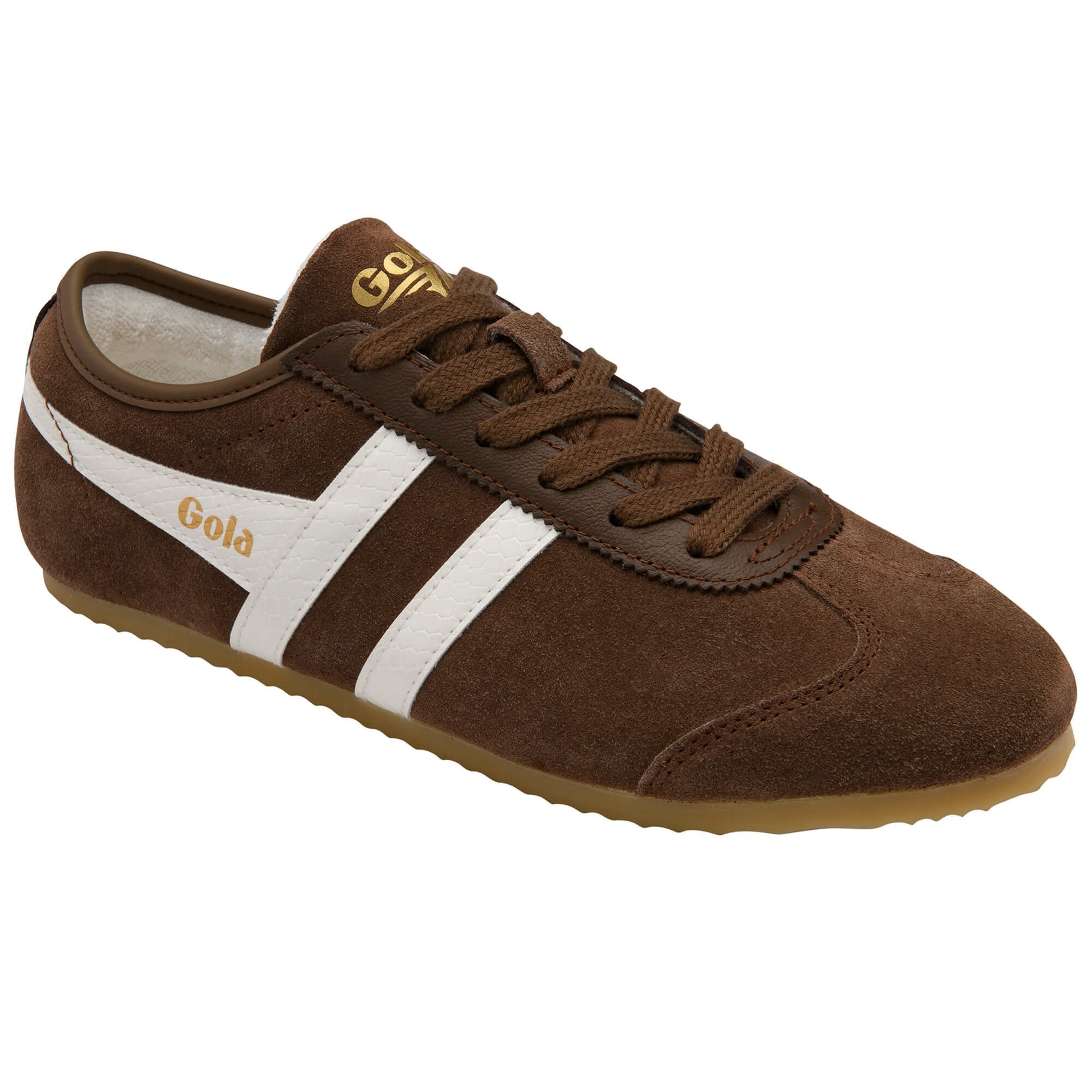 Brown suede Gola trainer with white stripes and brown laces