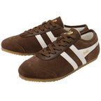 Brown trainers with white stripes on a white background