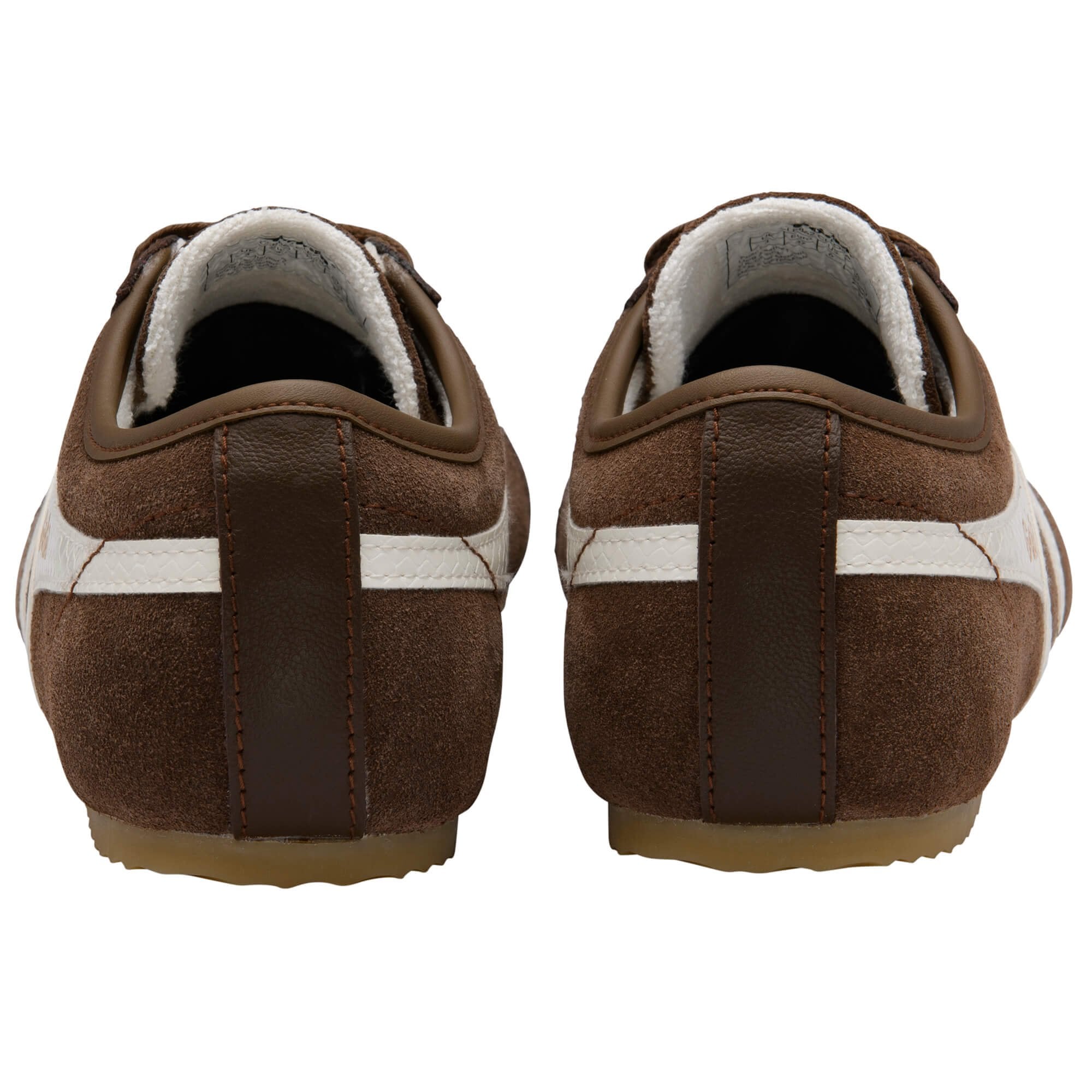 Brown trainers with white stripes on a white background