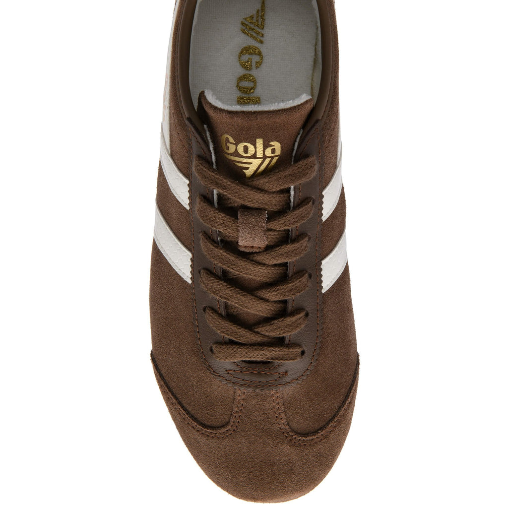 Brown trainer with white stripes and 'Gola' branding on a white background