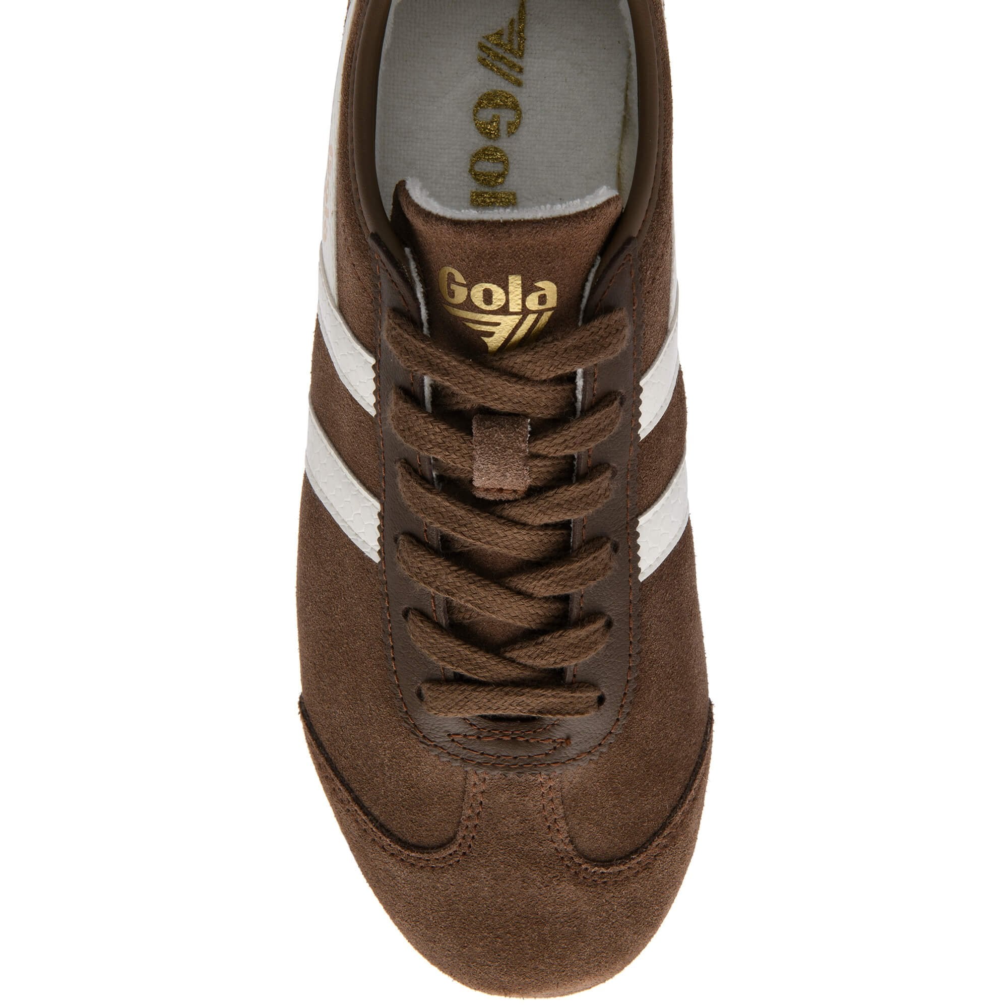 Brown trainer with white stripes and 'Gola' branding on a white background
